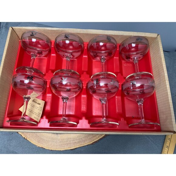 Libbey Hostess Glassware Silver Foliage Sherbet Glasses Set of 8 6.5 Oz 1950s - Picture 7 of 9